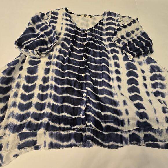 Dolma Boho Tie Dye Blouse L Blue White Cotton Lightweight Tunic Side Slit Top - Picture 8 of 8